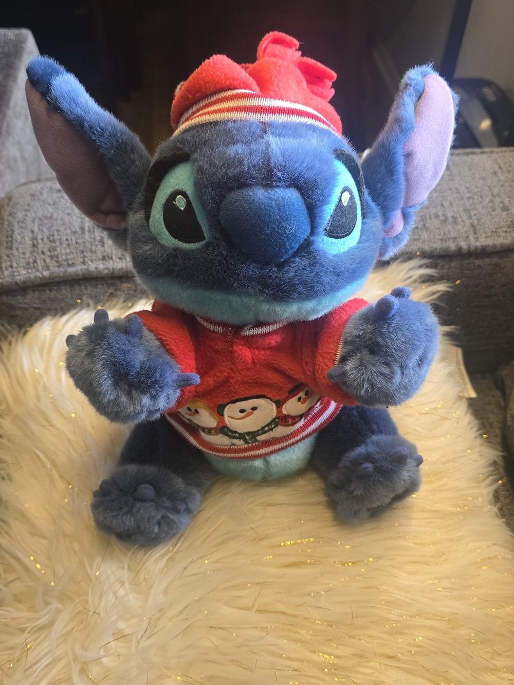 Disney Blue Stitch Plush in Red Holiday Sweater and Hat